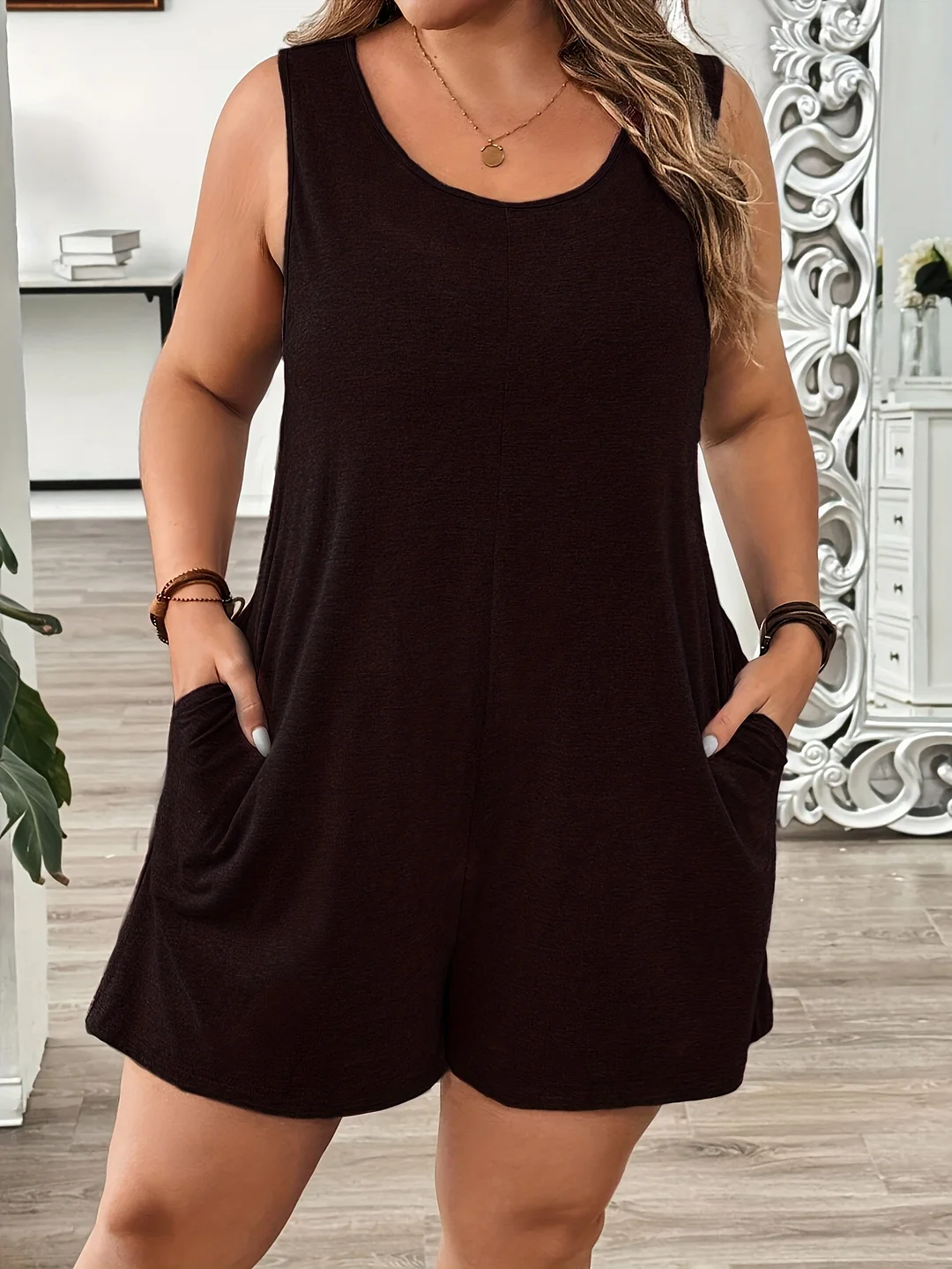 Plus Size Women's Sleeveless Round Neck Jumpsuit - Lightweight Breathable Solid Color Elegant Casual To Dressy Outfit For Spring Summer Fall, Hand Wash Only, Seasonal Romper, Highwaisted Romper, Comfortable Fit, Flowy Fabric | IFYHOME