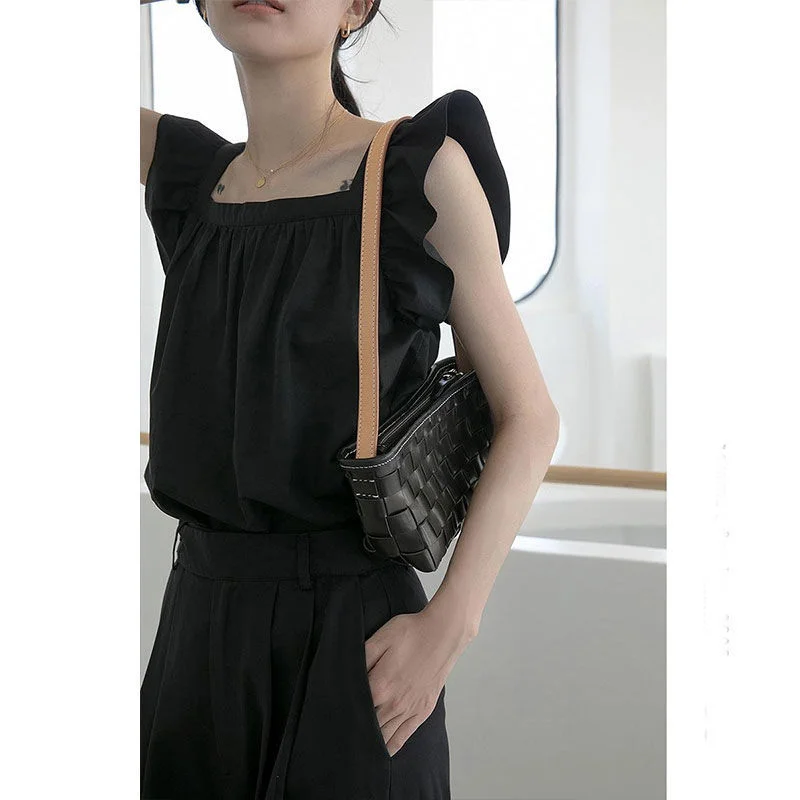 Jangj Niche New Korean Version 2022 Summer Sweet Vintage Vest Square Collar Sleeveless Shirt Side of Fungus Solid Color Blouse