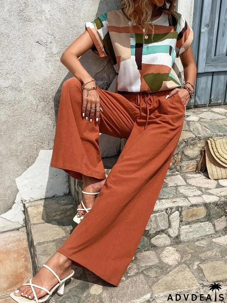 Geo Print Batwing Sleeve Top & Wide Leg Pants