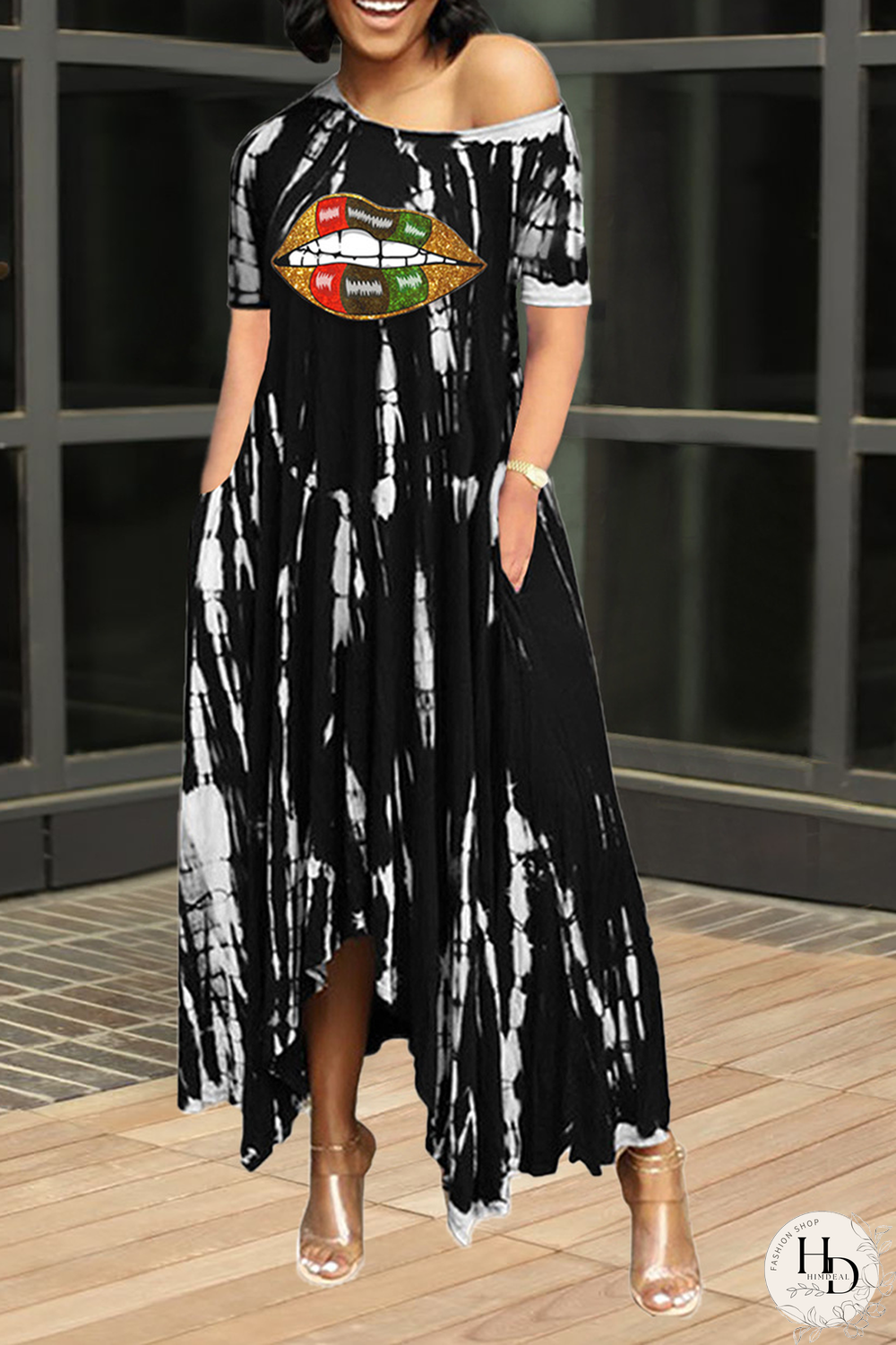 Tangerine Red Casual Print Split Joint One Shoulder Irregular Dress Dresses