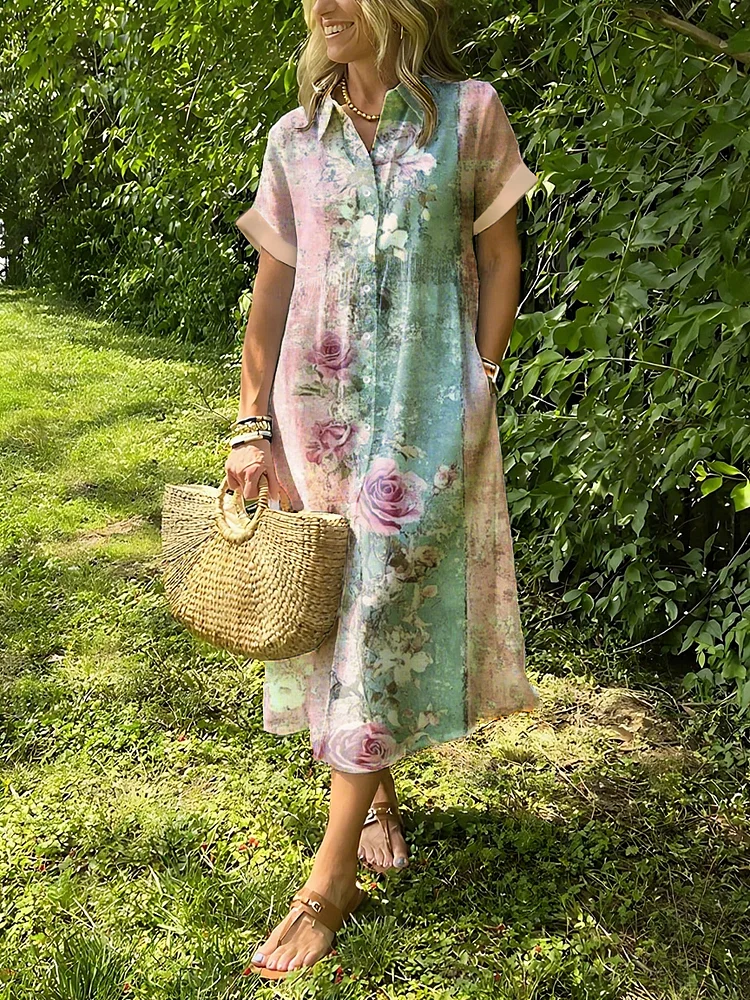 Vintage Floral Lapel Button Up Dress