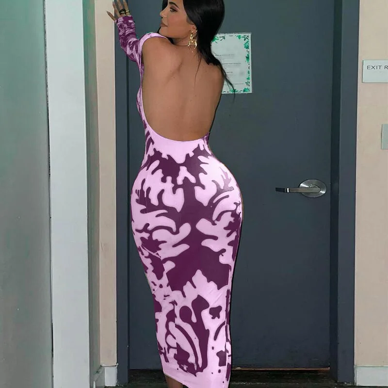 Hugcitar 2021 Long Sleeve Backless Sexy Camouflage Dress Summer Women Fashion Streetwear Outfits Solid Club Clothing
