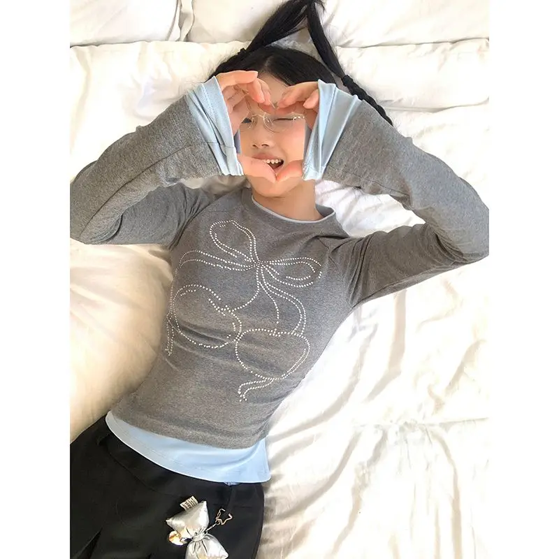 Gamezlines Korean Y2k Women Camisetas Long Sleeve Fake Two Piece Slim Waist Tees Bow Gray Hotsweet Tshirts Harajuku Contrast Color