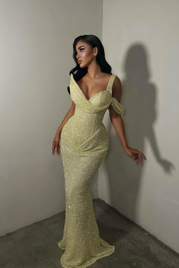 Ovlias Shining Yellow Asymmetric One Shoulder Prom Dress Mermaid with Sequins JQ0097