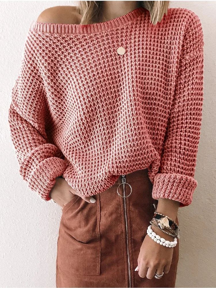 Fashion Solid Color Diagonal Collar Short Long Sleeve Knitted Sweater socialshop