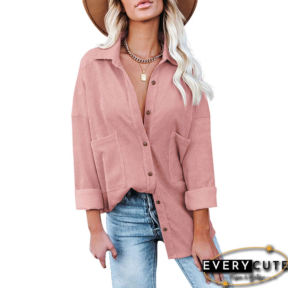Pink Solid Corduroy Button Long Sleeve Shirt