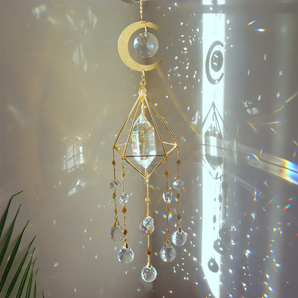 Metal Rainbow Collection Hanging Hexagon Moon Crystal Prisms Wind Chimes