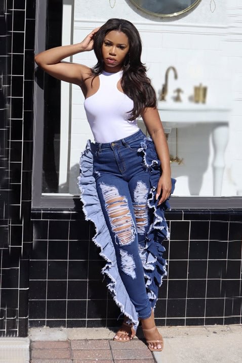 Ruffled Ripped Jeans Long Pant