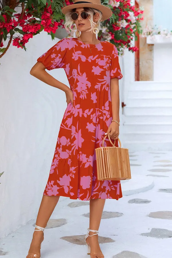 Floral Print Ruffle Hem Short Sleeve Dress