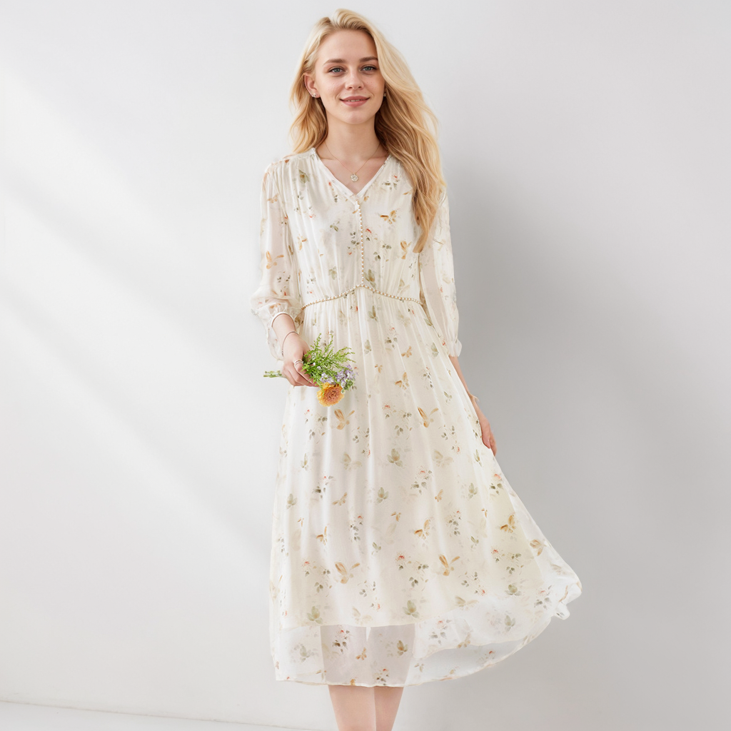 Women's Silk Dress Beaded Trim For Wedding Guest REAL SILK LIFE