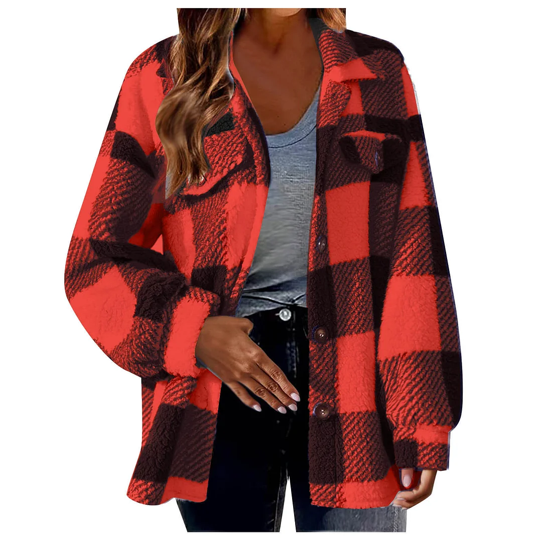 Uveng Uveng Women's 2025 New Autumn And Winter With Pocket Lattice Lamb Jacket Button Plush Jacket