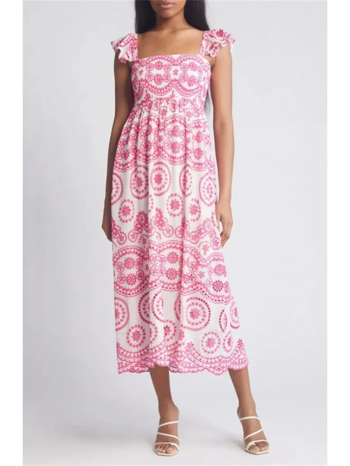 Summer Ruffle Waistband Short Sleeve V-neck Button Print Dress S M L XL 2XL