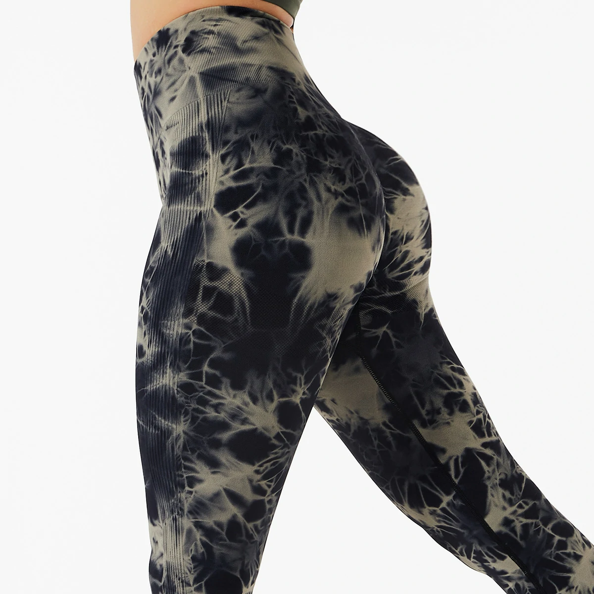 Buy black high waist side stripes back contour scrunch butt lifting sweat-wicking tie-dyed nylon tight seamless workout leggings on Hergymclothing