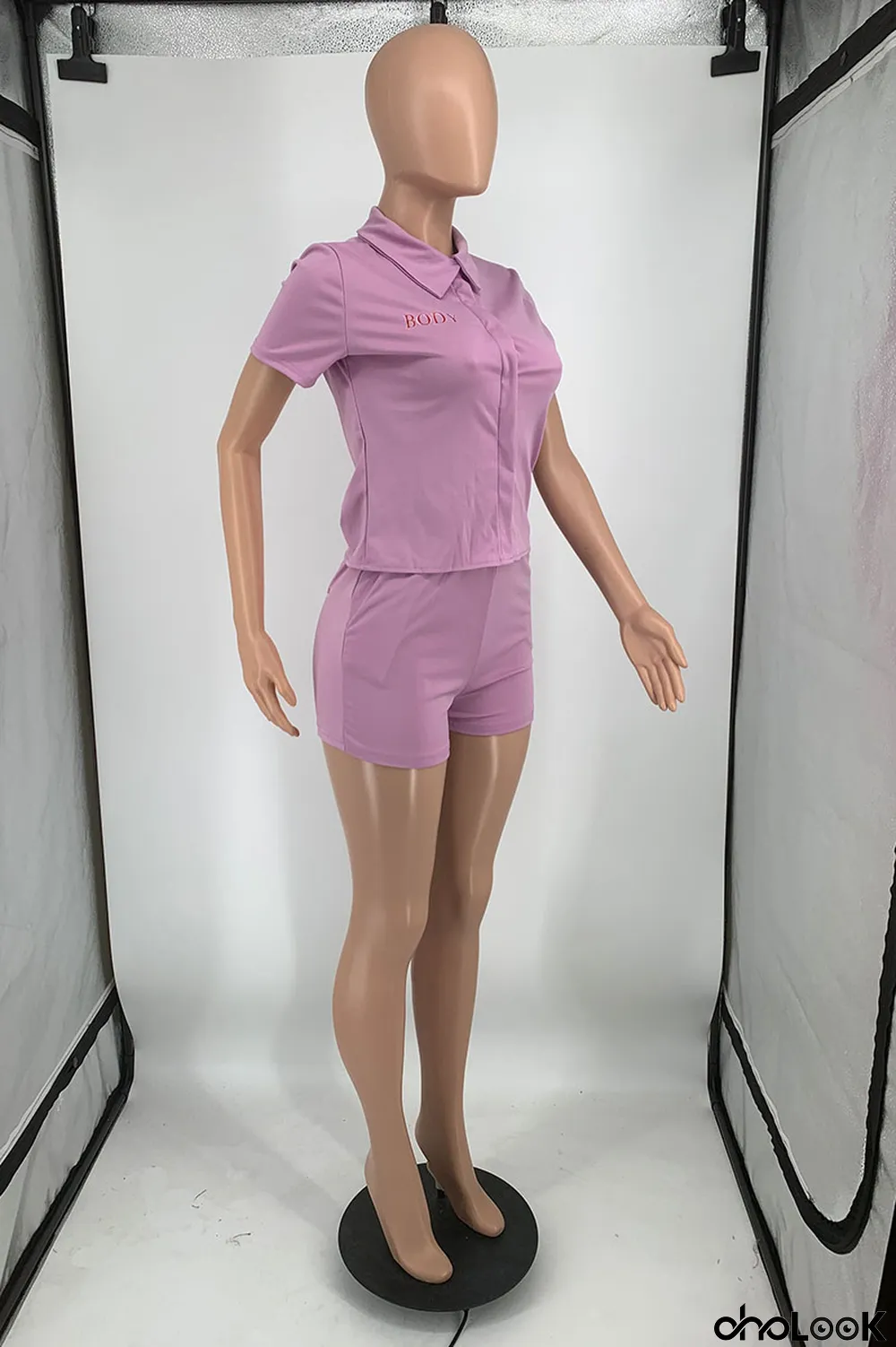 Water Blue Casual Print Letter Turndown Collar Short Sleeve Two Pieces