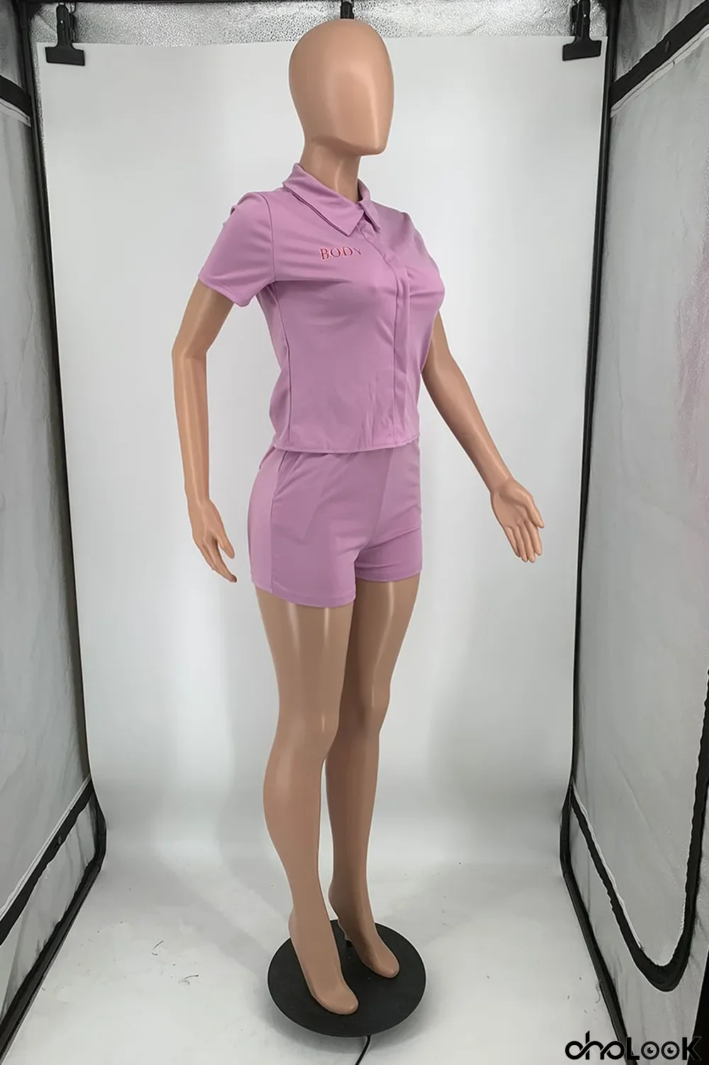 Water Blue Casual Print Letter Turndown Collar Short Sleeve Two Pieces