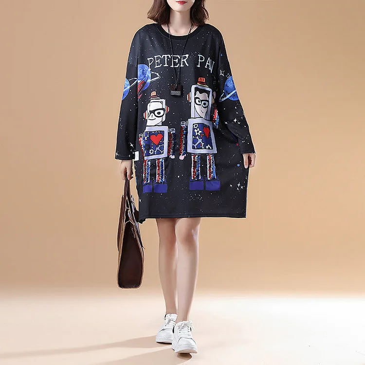 cartoon print 2025 fall black cotton casual dresses plus size long sleeve fashion shift dress