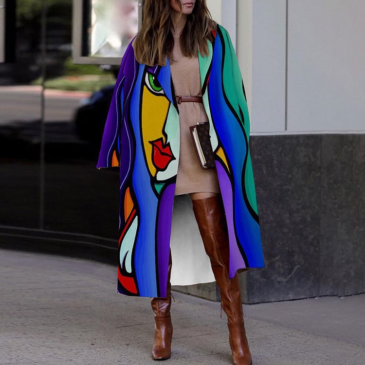 Contrast Abstract Print Long Sleeve Coat