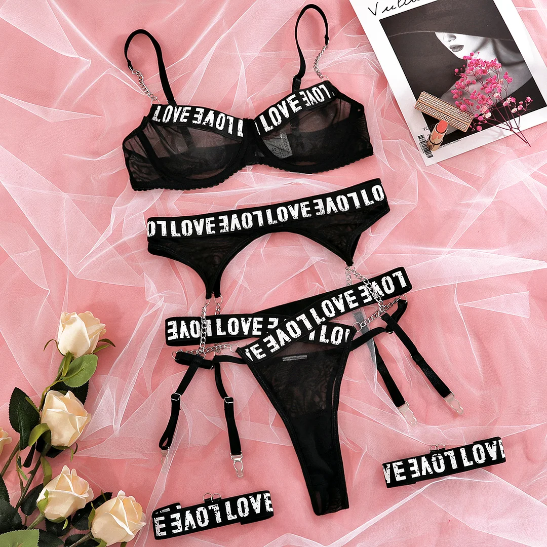 Billionm Ellolace Letter Lingerie Sexy Underwear 4-Pieces Sensual Transparent Lace Pussy Panties Erotic Set Bra With Chain Exotic Outfits