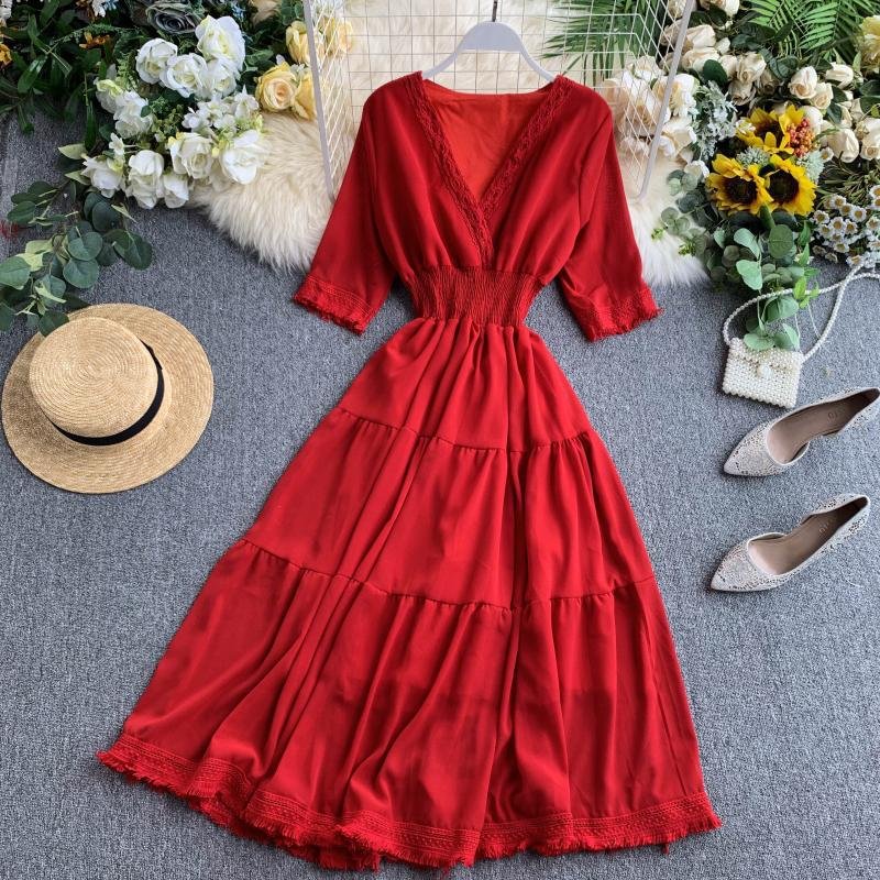 FTLZZ Red White Hollow Out Patchwork Dress Elegant V Neck Retro Women Midi Dress Summer Vintage A Line Beach Vestido