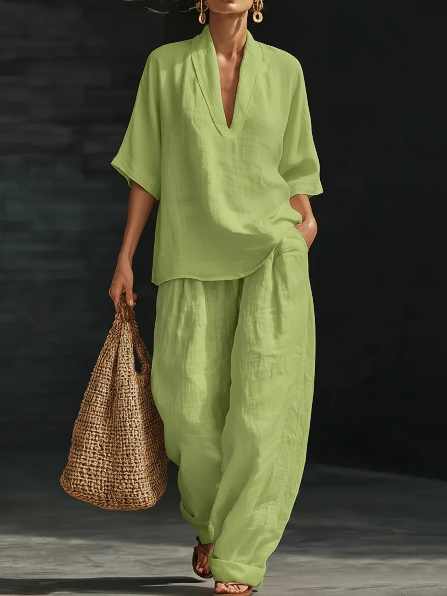 Dadihouse Coastal Chic 2-Piece Set - V-Neck Linen-Textured Tunic & Wide-Leg Pants Lounge Set