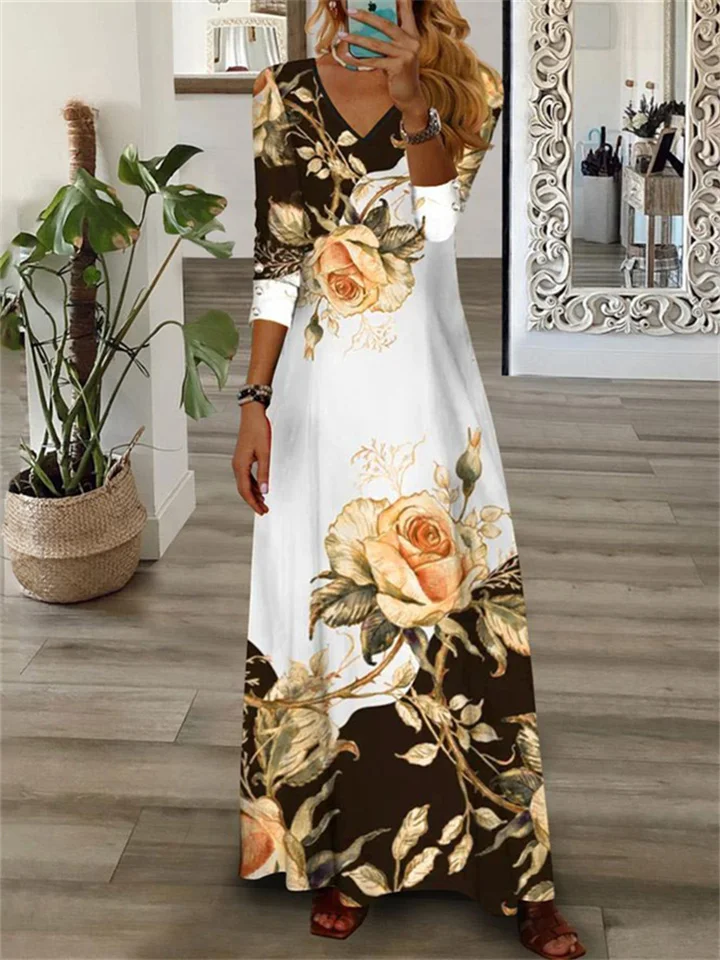 Women's Long Dress Maxi Dress Casual Dress A Line Dress Print Dress Floral Fashion Casual Outdoor Daily Holiday Print 3/4 Length Sleeve V Neck Dress Loose Fit Yellow Pink Blue Spring Summer S M L XL-Hoverseek