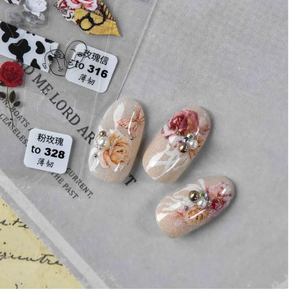[Beautizon] 2021 New 3D Engraved Nail Stickers Rose flowers Paper texture pattern high quality Empaistic Butterfly Sticker