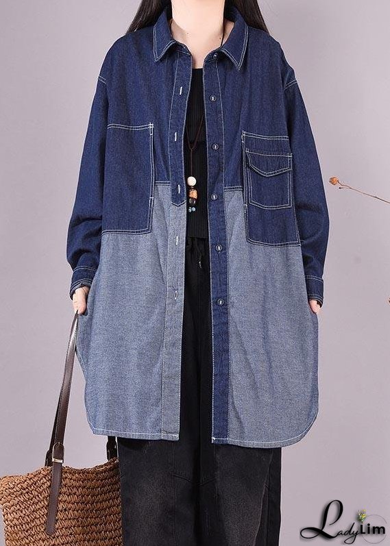 Classy Lapel Patchwork Crane Tops Sleeve Denim Dark Blue Blouses