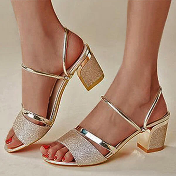 HUXM Sequin Hollow Out Chunky Heel Sandals
