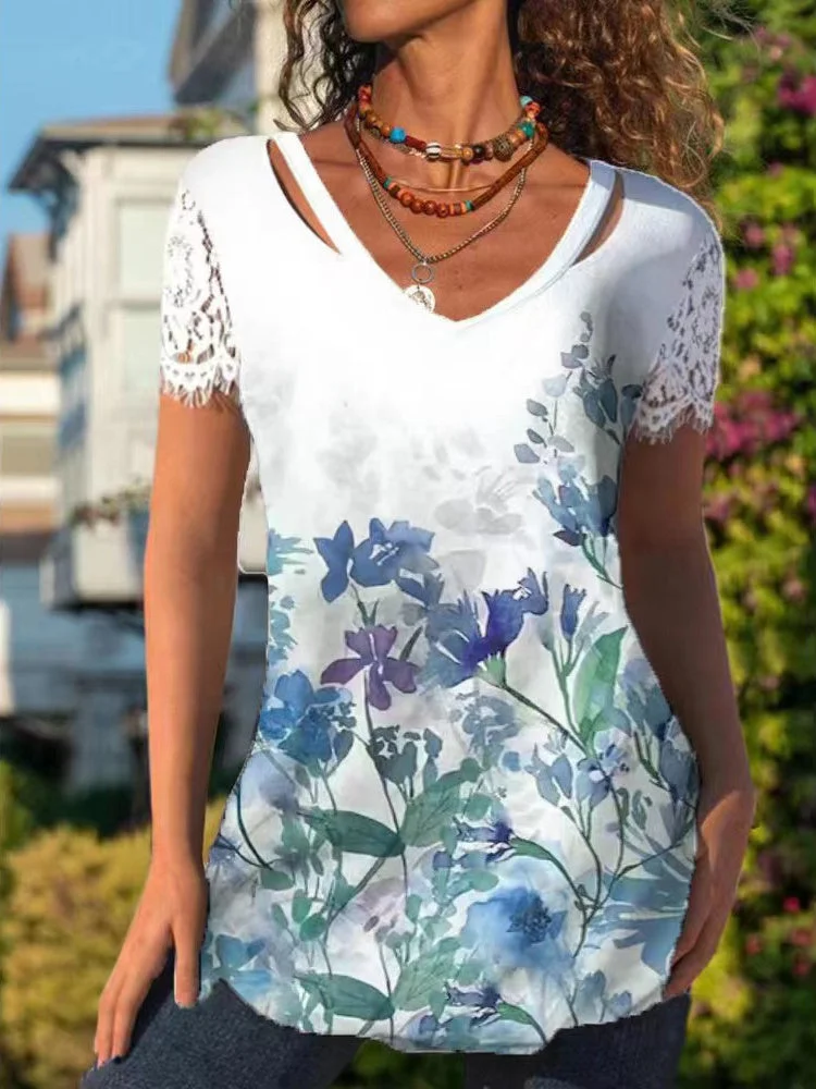 Women's Short Sleeve V-Neck Lace Flower Print Fashion Top