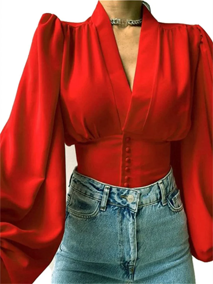 Spring New Solid Color Slim Temperament Long-sleeved Button V Collar Urban Trend Set Head Lantern Sleeve Blouse Shirt