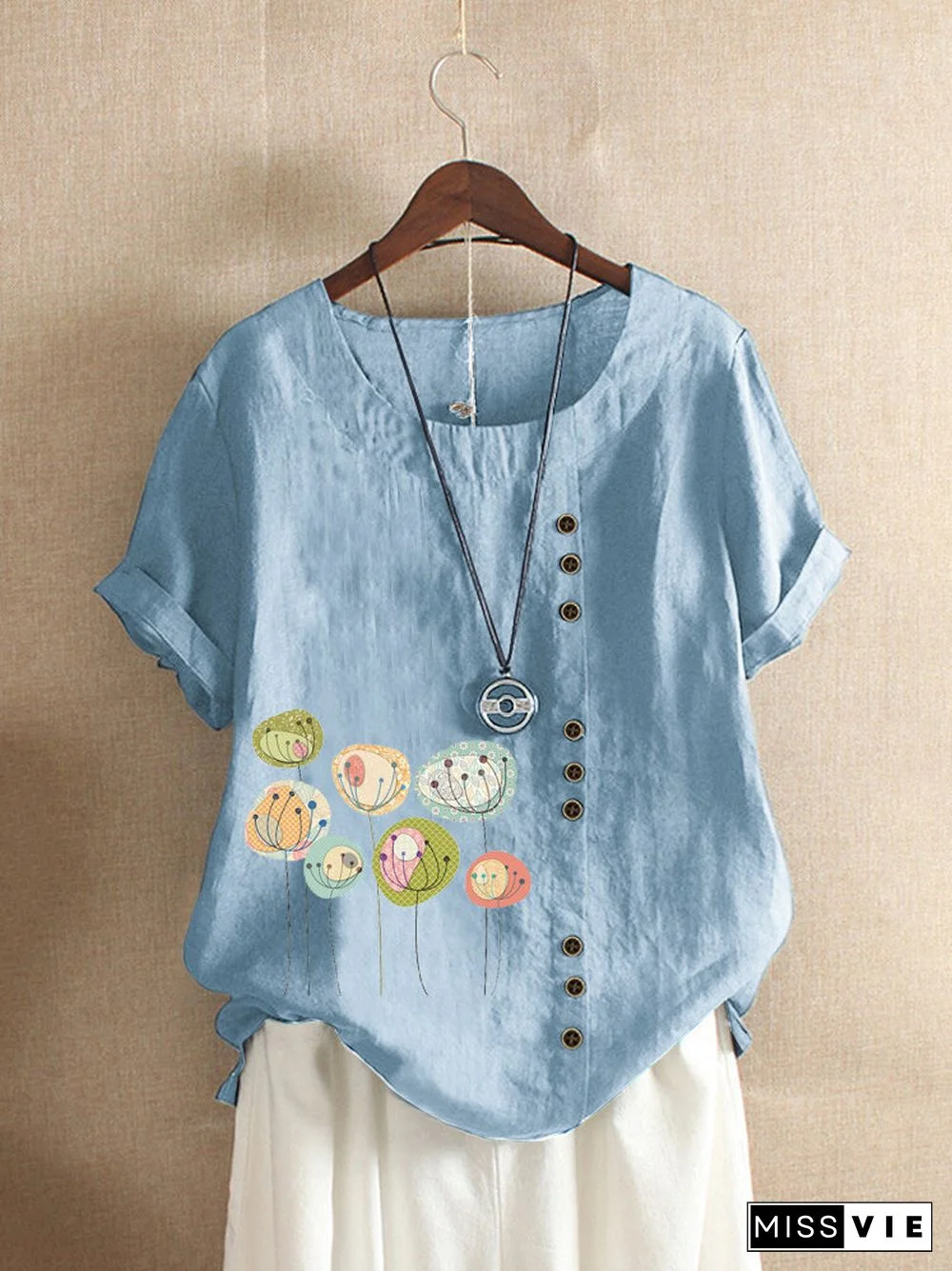 Button Cartoon Floral Print Short Sleeve Casual T shirt P1509230