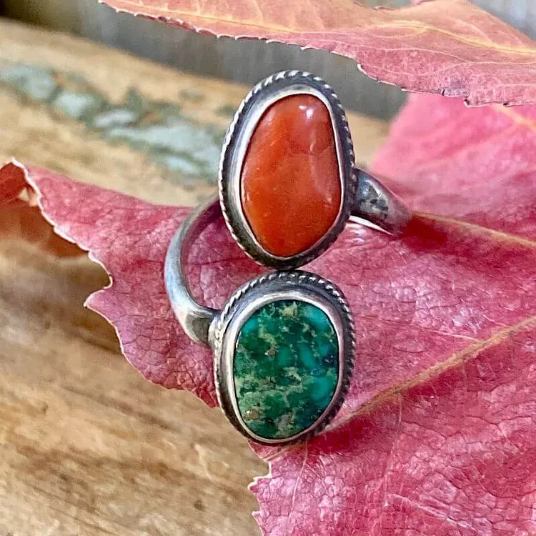 Navajo Sterling Silver Bypass ring with Green Nodule Turquoise