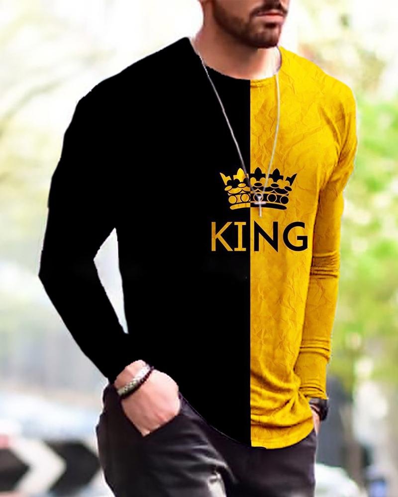 men's stitching printed long-sleeved T-shirt