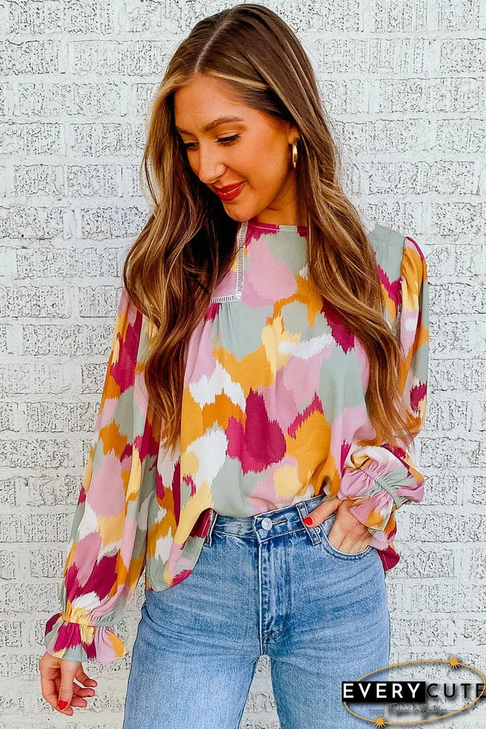 Multicolor Abstract Printed Long Sleeve Blouse