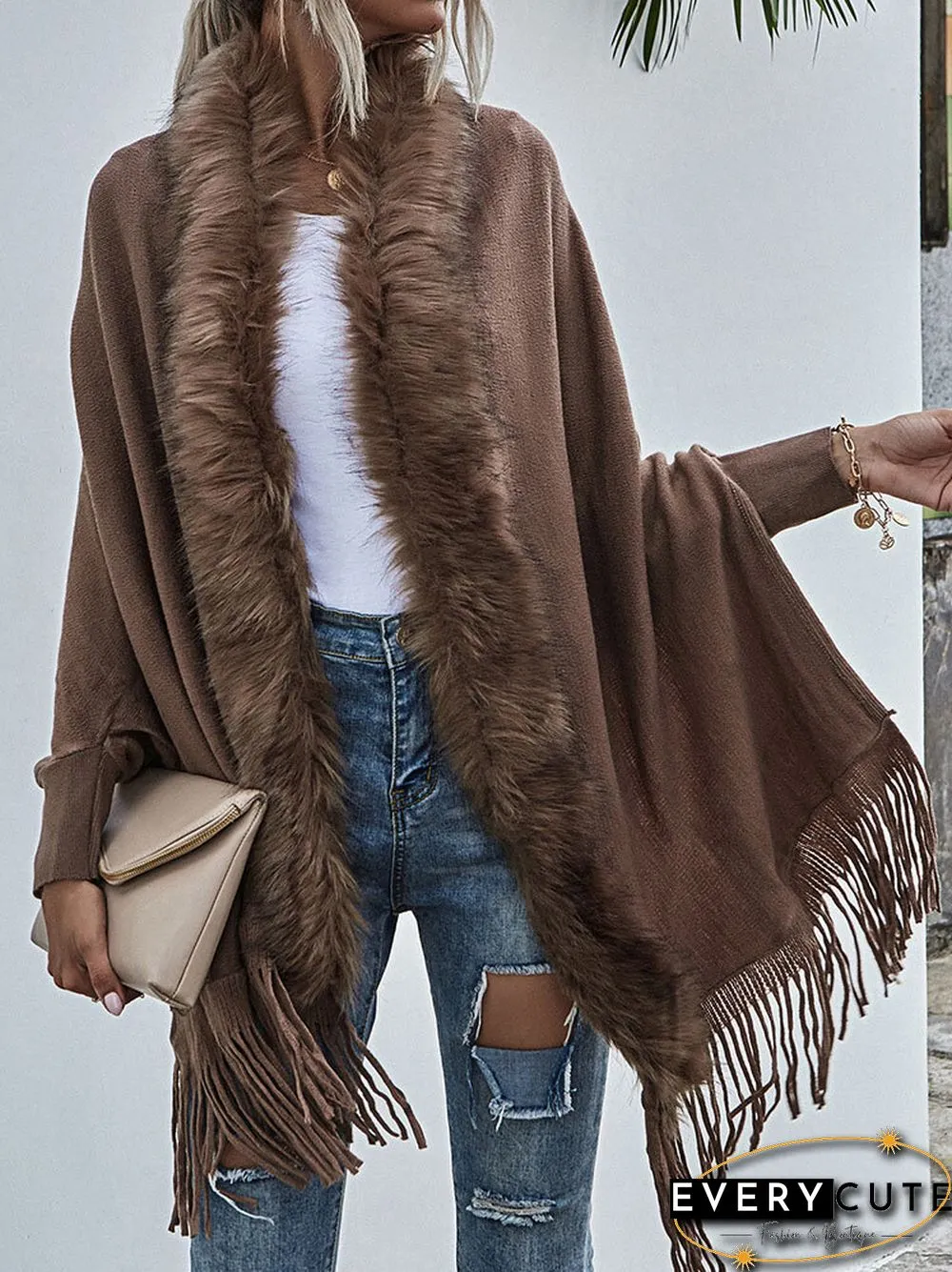 Solid Fringe Hem Dolman Sleeve Open Front Cape Cardigan