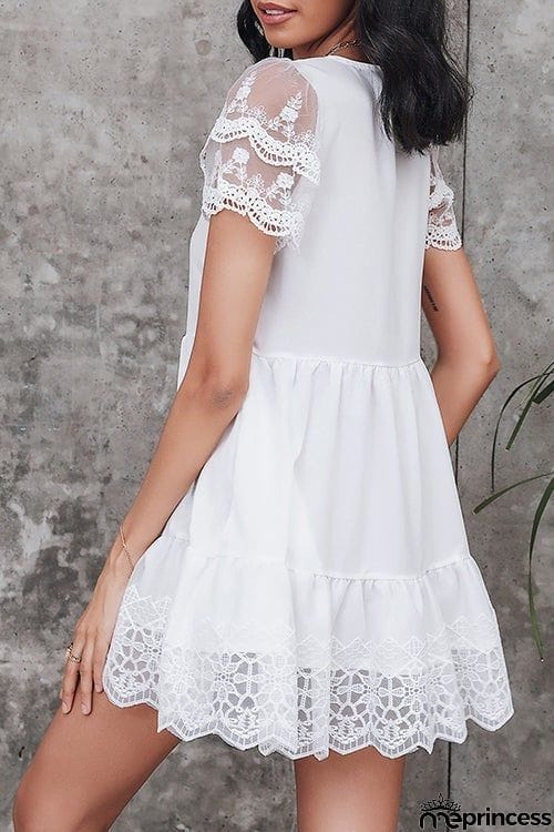 Lace V Neck Pockets Mini Dress
