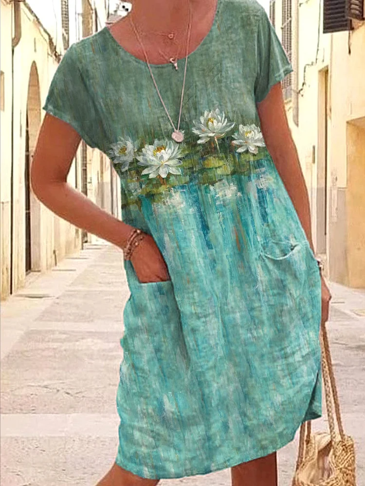 Women's Water Lily Print Cotton Linen Dress