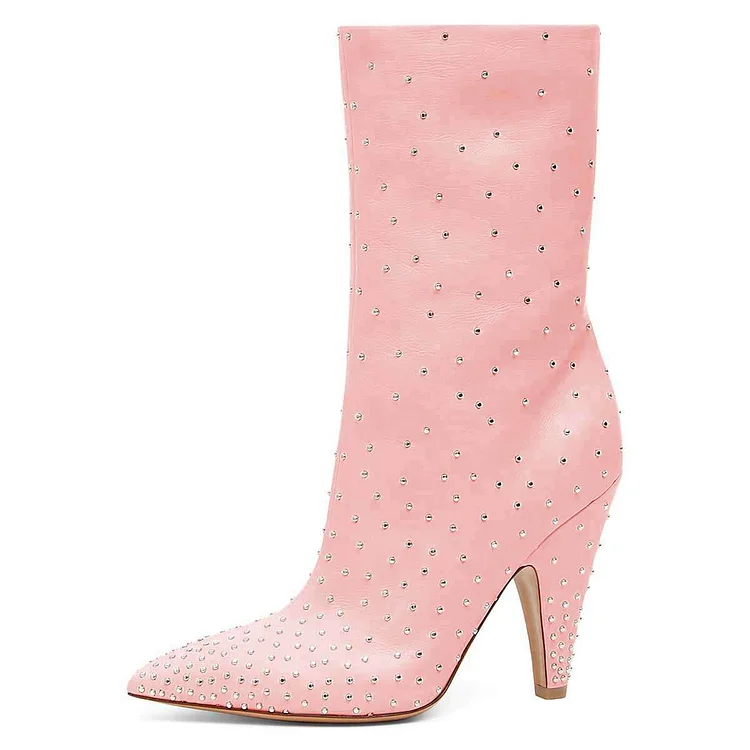Pink Studs Cone Heel Ankle Boots |FSJ Shoes