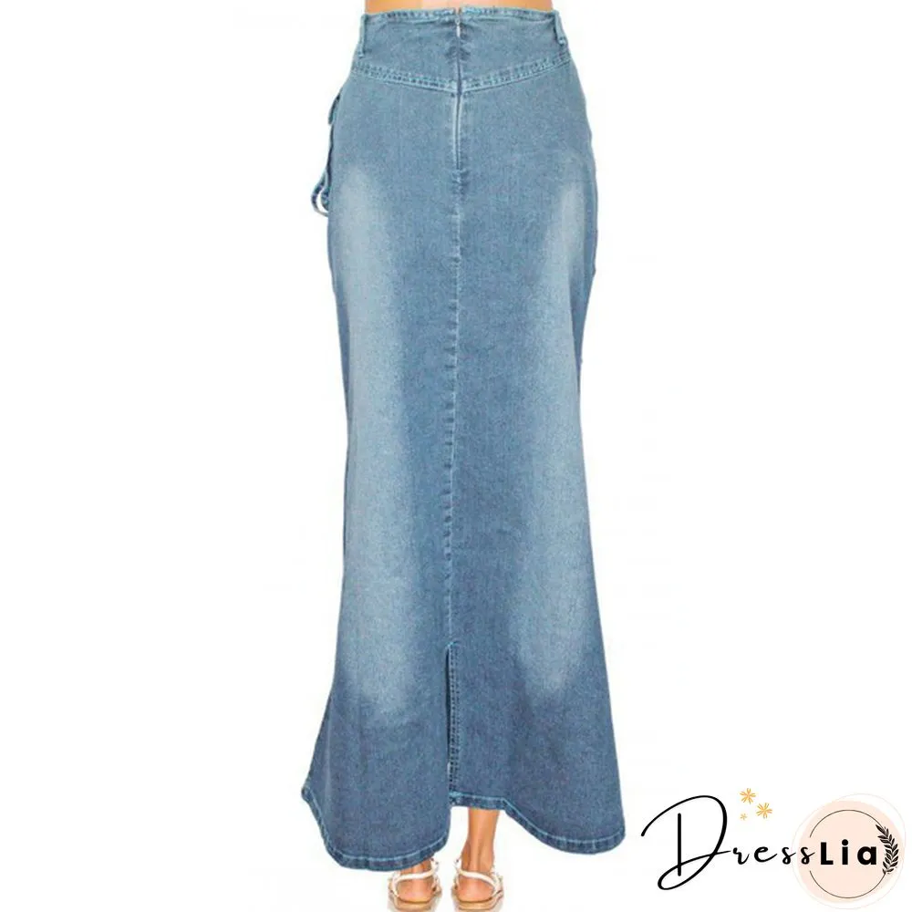 Women Fashion Casaul Stretch Cargo Denim Skirt Bell Skirt Floor Length Washed Denim Jeans Skirt Plus Size