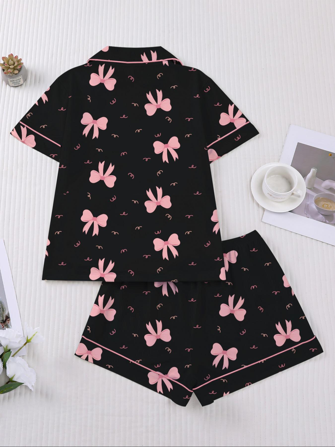 Women's Valentine's Day Sleepwear Set, Bow Print Pajamas, Short Sleeve Button-Up Top & Elastic Shorts, Casual Home Wear Loungewear