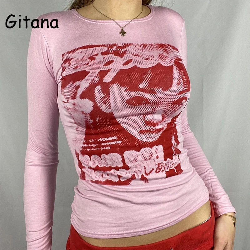 Gitana 2022 Graphic T Shirt For Women Y2K Long Sleeve Crop Tops Casual Vintage Clothes Fashion Autumn Kawaii harajuku Crop Tee