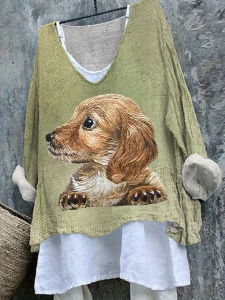 Cute Puppy Embroidery Linen Long Sleeve T-Shirt