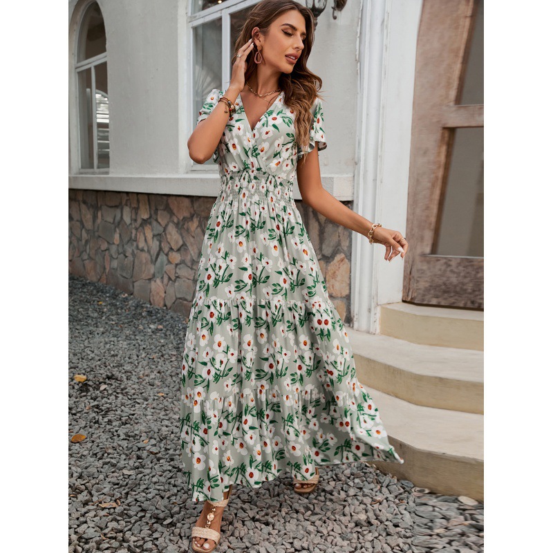 Tarotharbor Summer New V-Neck Short Sleeve Print Flowers Dress Light Green