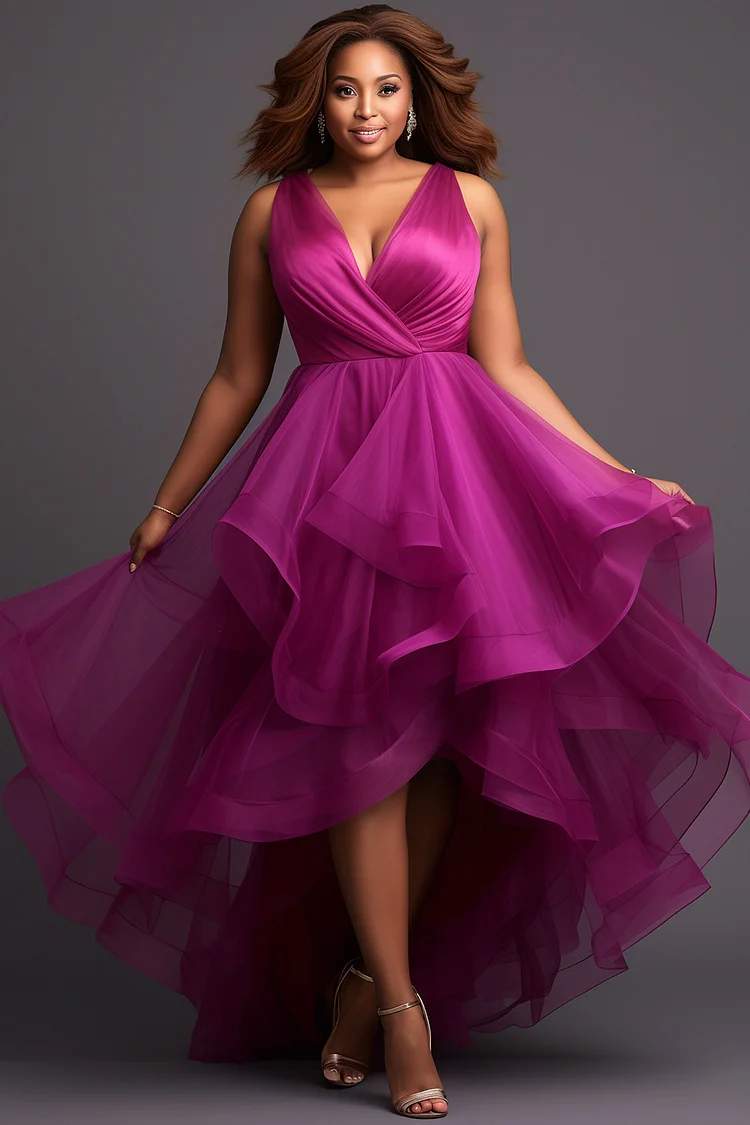 Xpluswear Design Plus Size Prom Purple Wrap Neck Sundress High Low Hem Ruffle Tulle Midi Dresses [Pre-Order] 2024 - Xpluswear