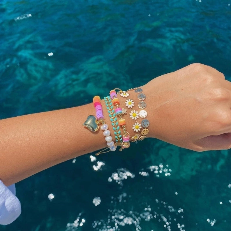 Vacation Sweet Heart Shape Smile Face Daisy Freshwater Pearl Soft Clay Copper Beaded Knitting Enamel Bracelets