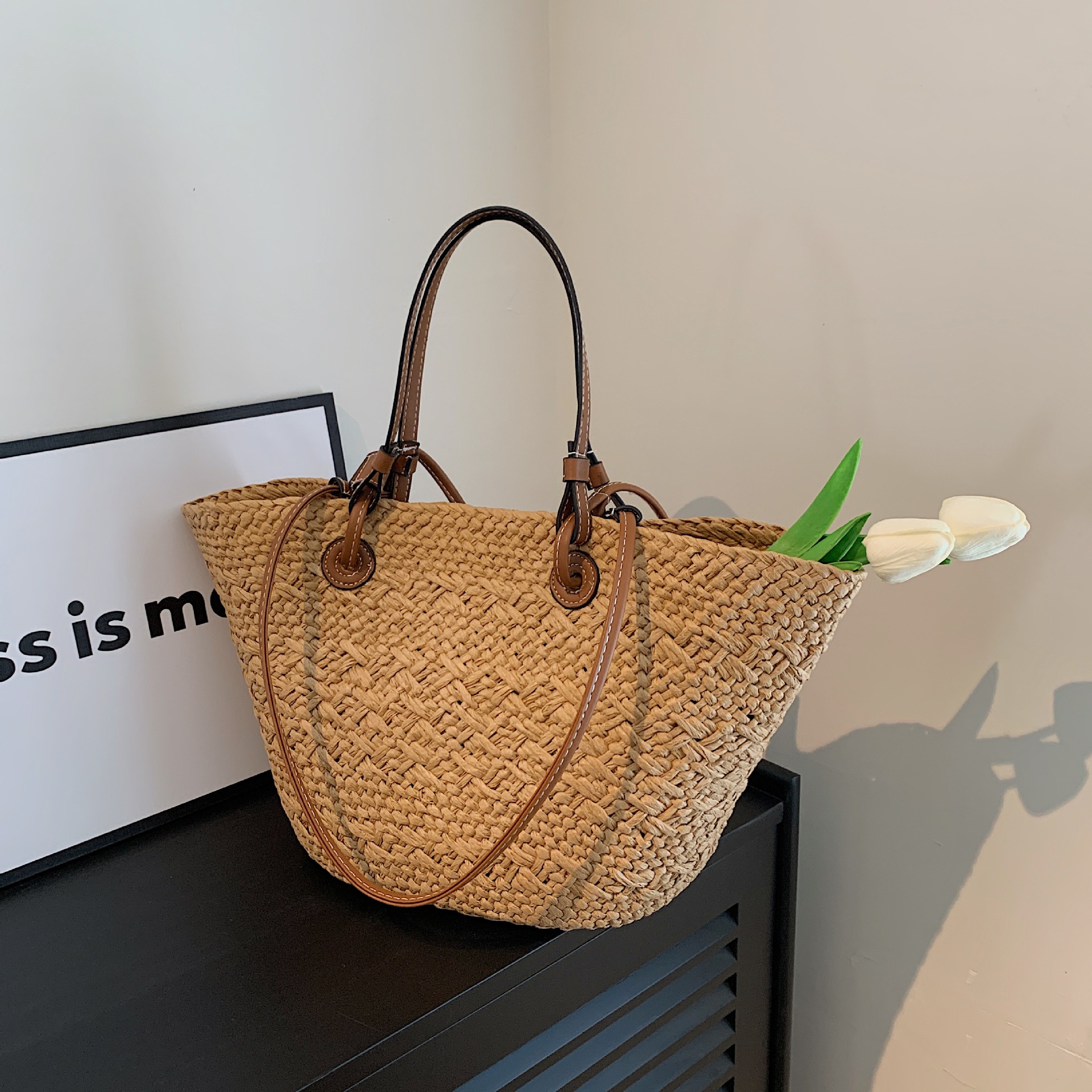 Mature Women Fashion Handbag Woven Bag Seaside Beach Bag Portable Shoulder Bag