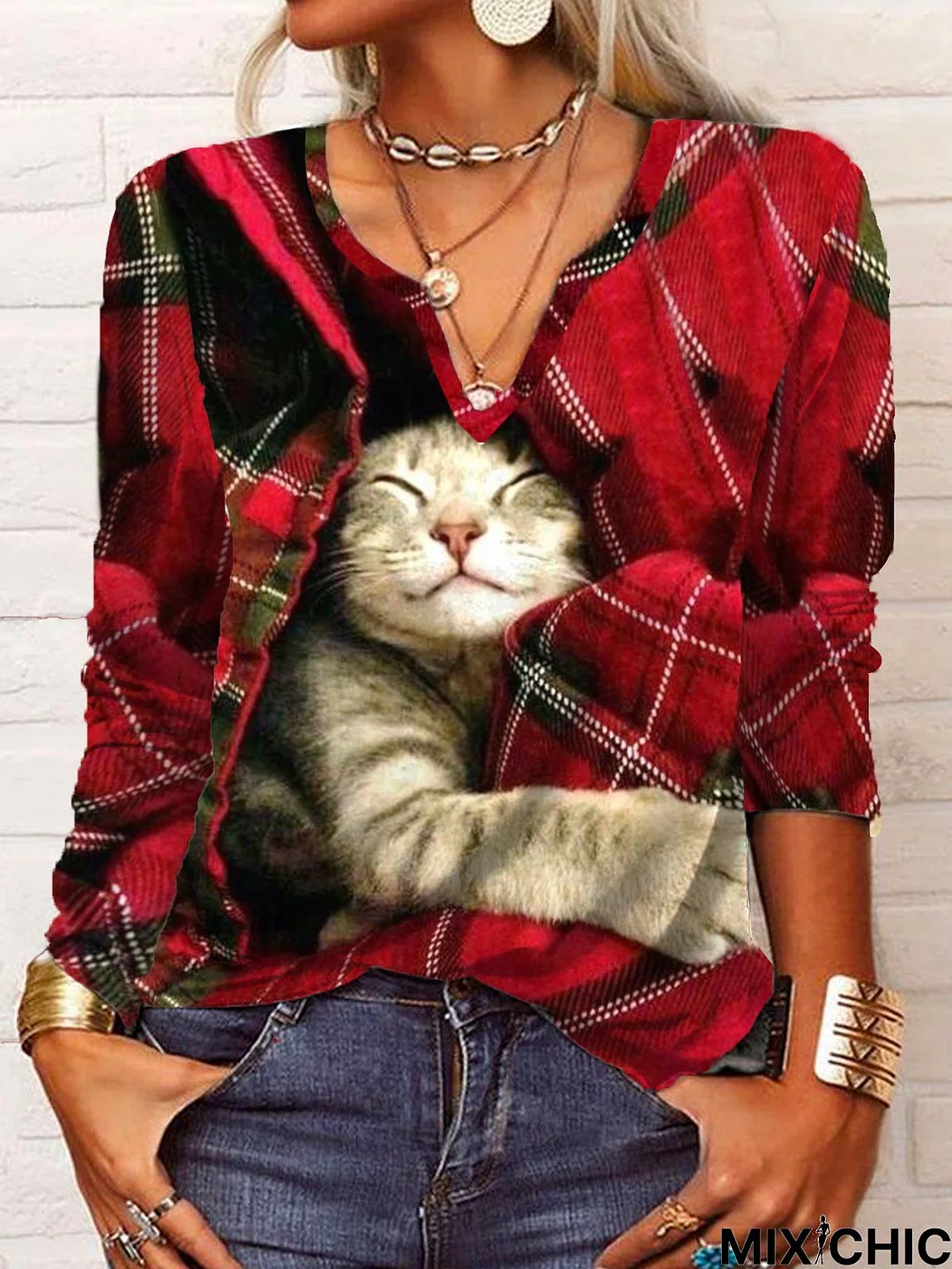 Casual Christmas Plaid Cat Long sleeve V Neck T-Shirt