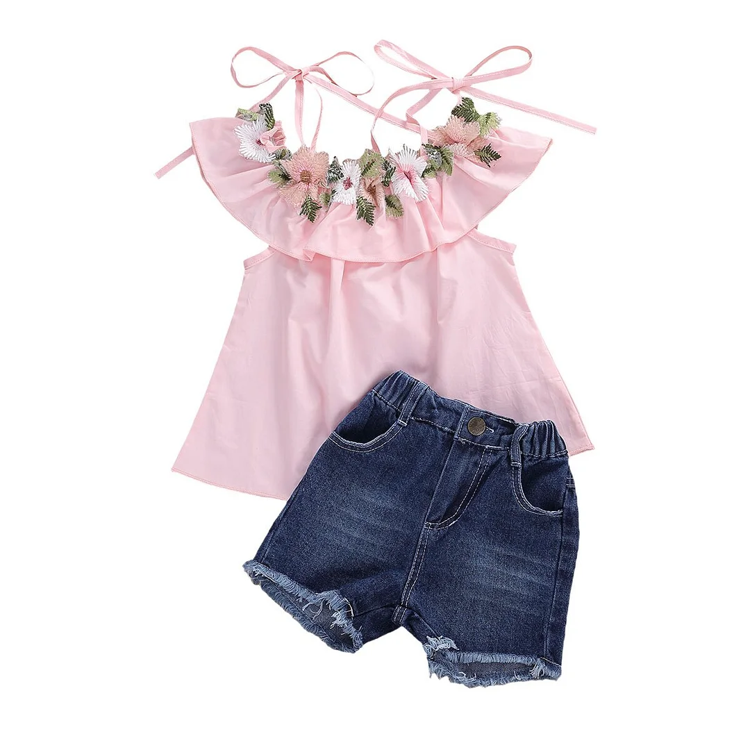 2 Pcs Baby Summer Outfit Girls Adjustable Spaghetti Strap Ruffled Collar Embroidery Top and Frayed Raw Hem Denim Shorts Set