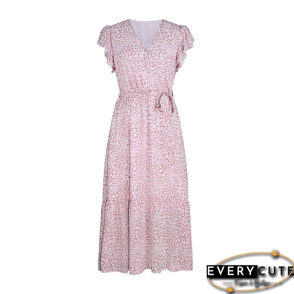 Pink V Neck Ruffle Detail Tie Waist Floral Dress