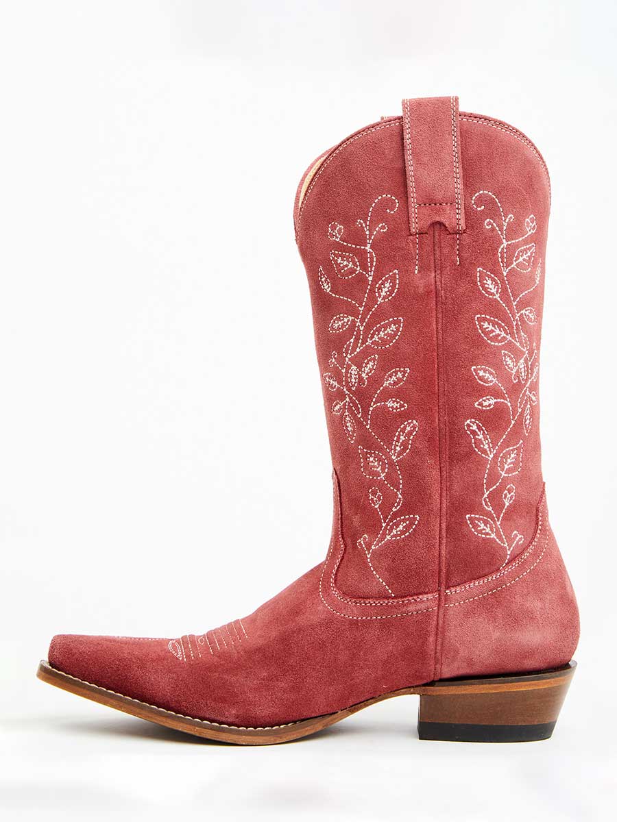Red Vegan Suede Snip Toe Chunky Heel Floral Embroidered Cowgirl Boots